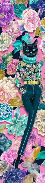 Cat bookmarks featuring a cat in teal pants with floral accents